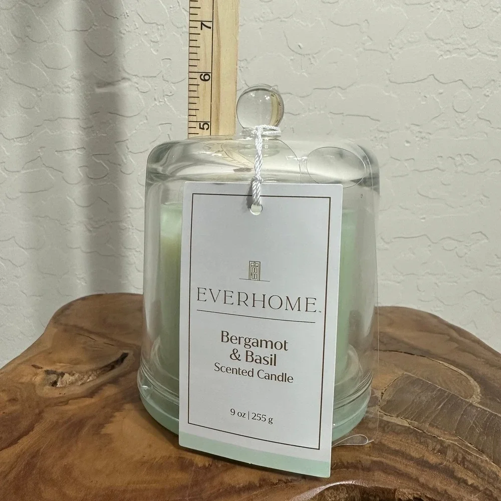 Everhome Bergamot & Basil Scented Candle 9oz with Glass Cloche Mint Green Jar